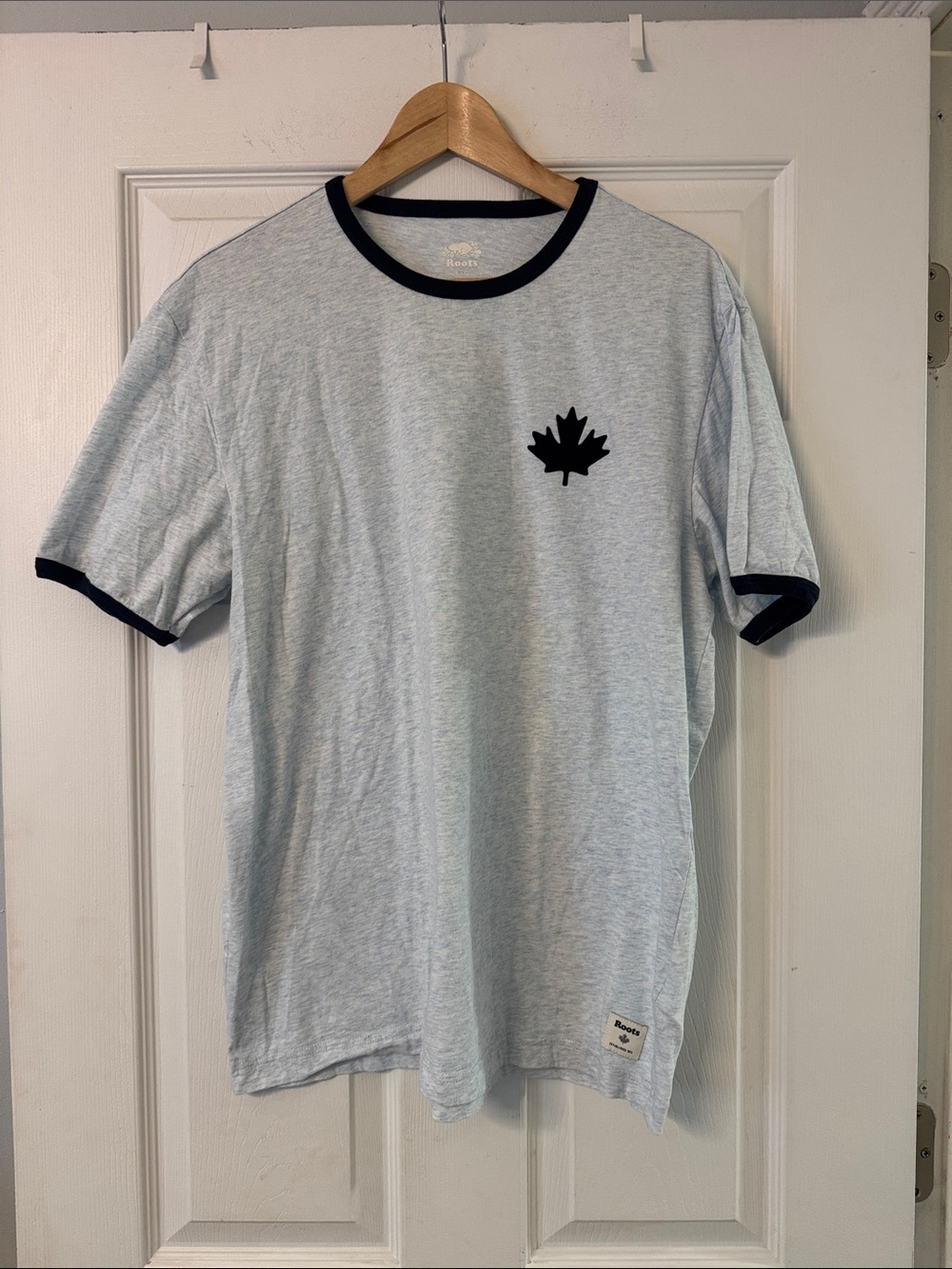 Roots Light Blue Ringer Tee with Navy Trim and Maple Patch